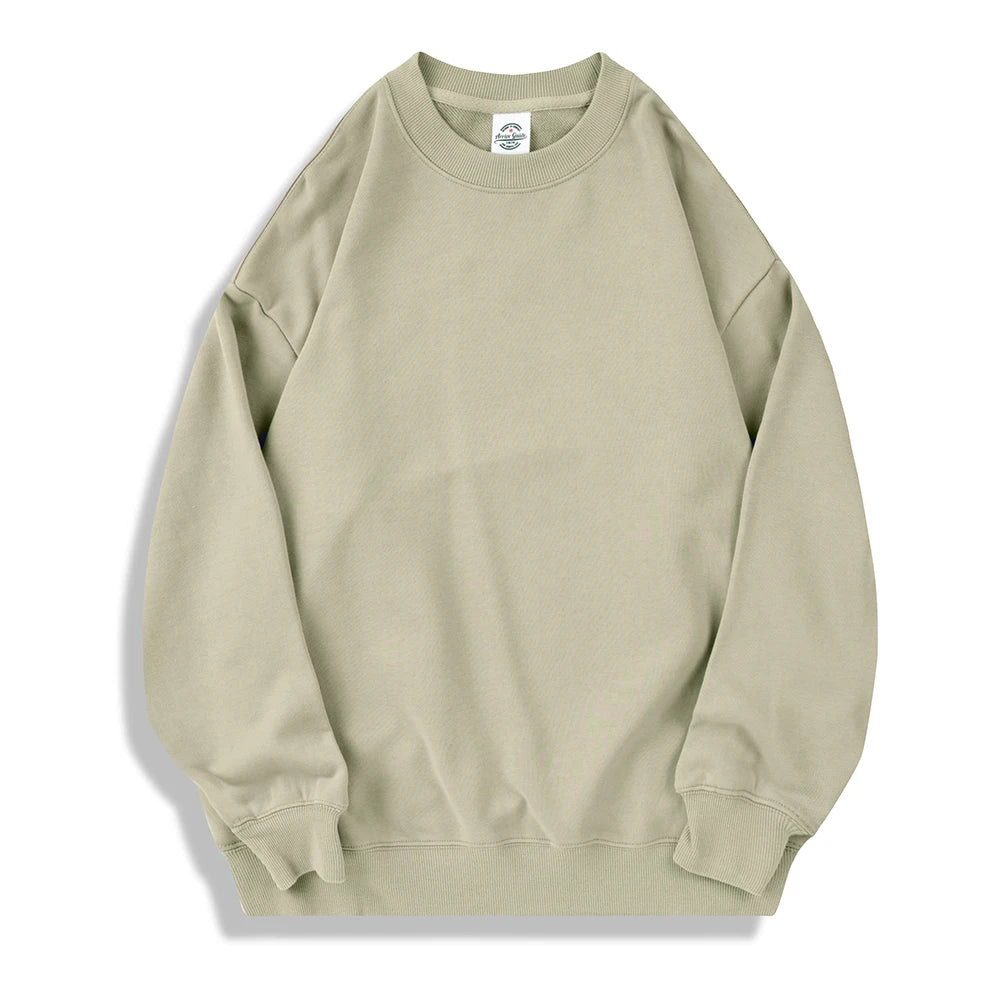 350g 100% Men Cotton Crew Neck Sweatshirts Solid Beige
