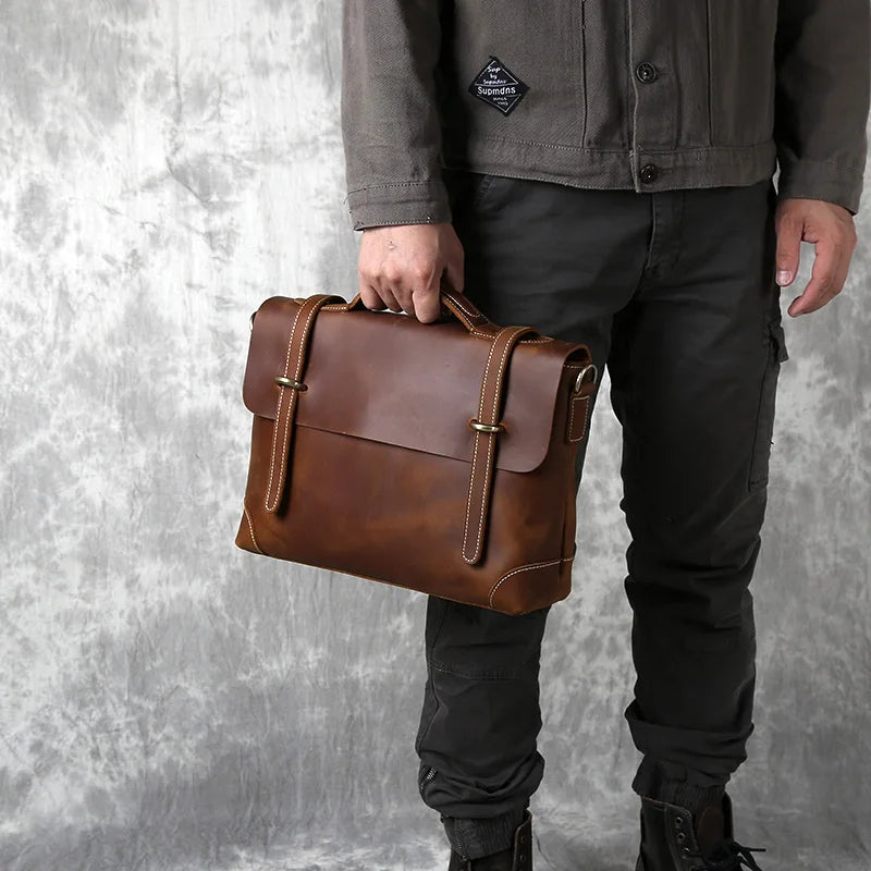 Men's Top Layer Cowhide Briefcase Crazy Horse Leather Bag