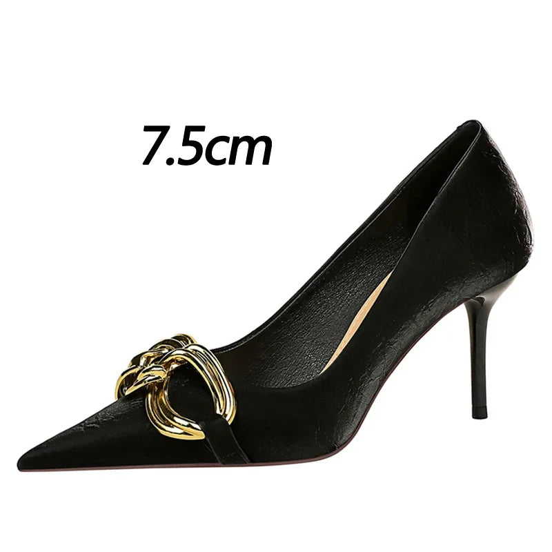 Women's Fashion Nude Metal Buckle Pumps High-Heels