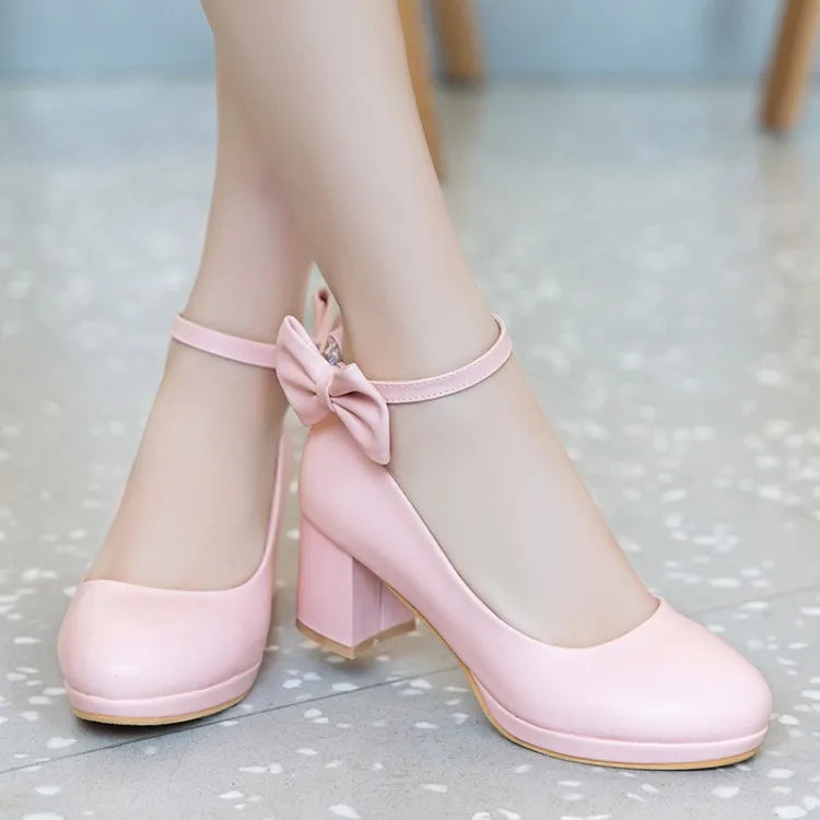 Women Platform Pumps Fashion Bow Thick Heel