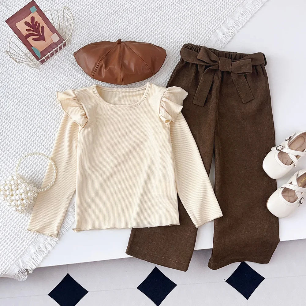 Autumn Winter Long Sleeved Round Neck Top+brown Long Pants