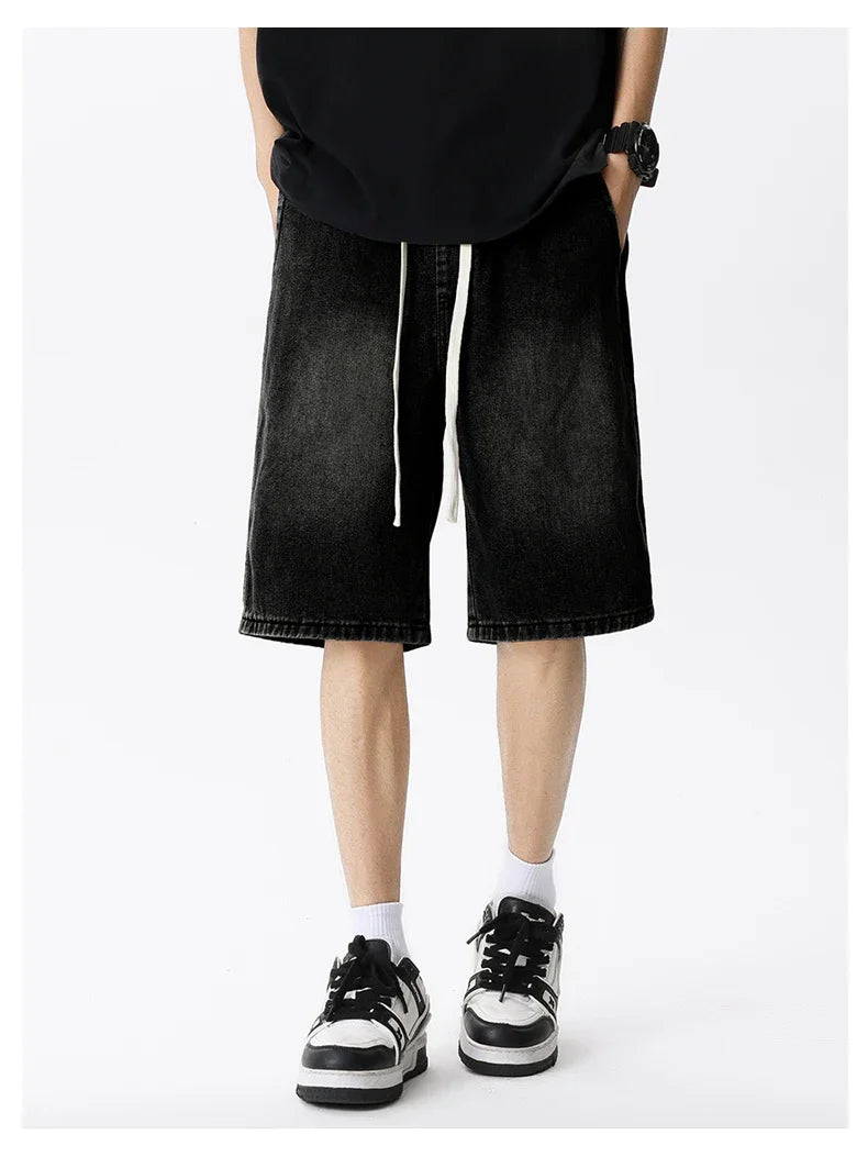 Thin Retro Casual Denim Shorts Soft Comfortable Stretchy Loose Drawstring