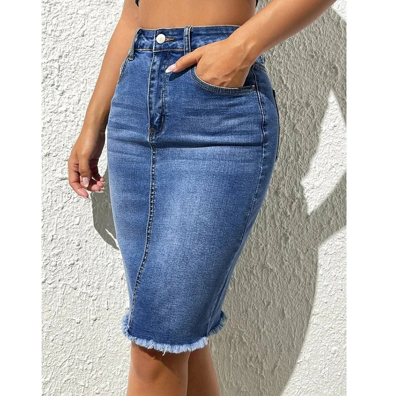 Knielanger Stretch-Jeansrock für Damen, legerer, figurbetonter Rock