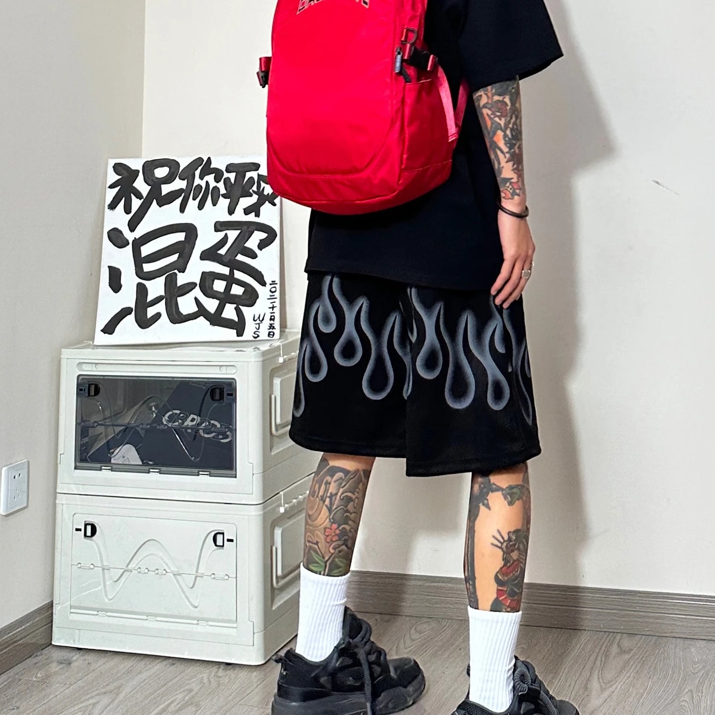 Sommer Hip Hop High Street Shorts mit Flammengrafik