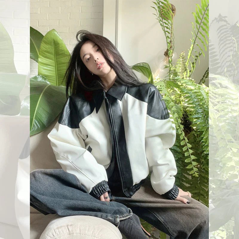 Women Oversized Patchwork Motorcycle Coat