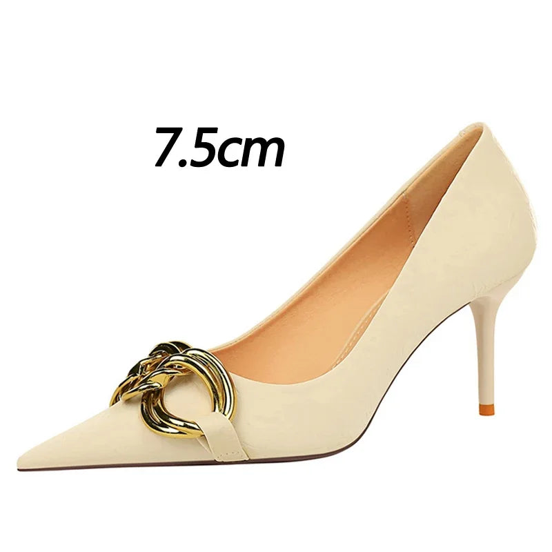 Women's Fashion Nude Metal Buckle Pumps High-Heels