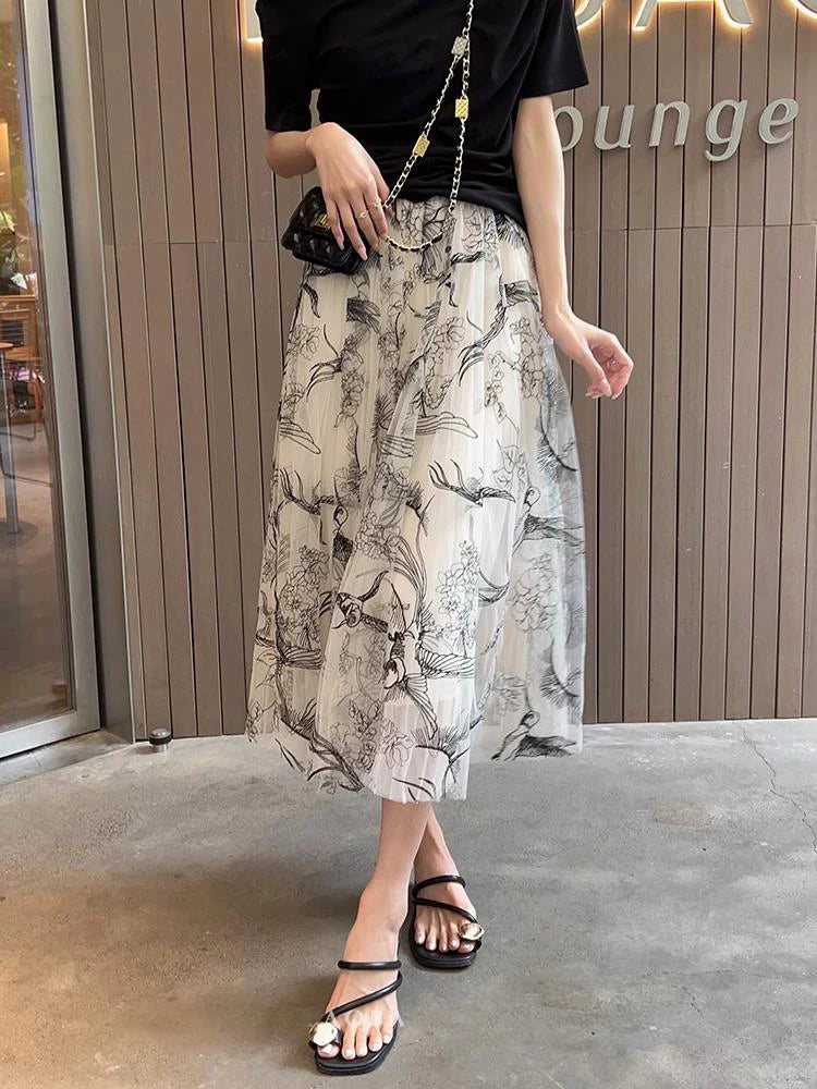 Damen Tüllrock mit Blumen- und Vogelmotiv