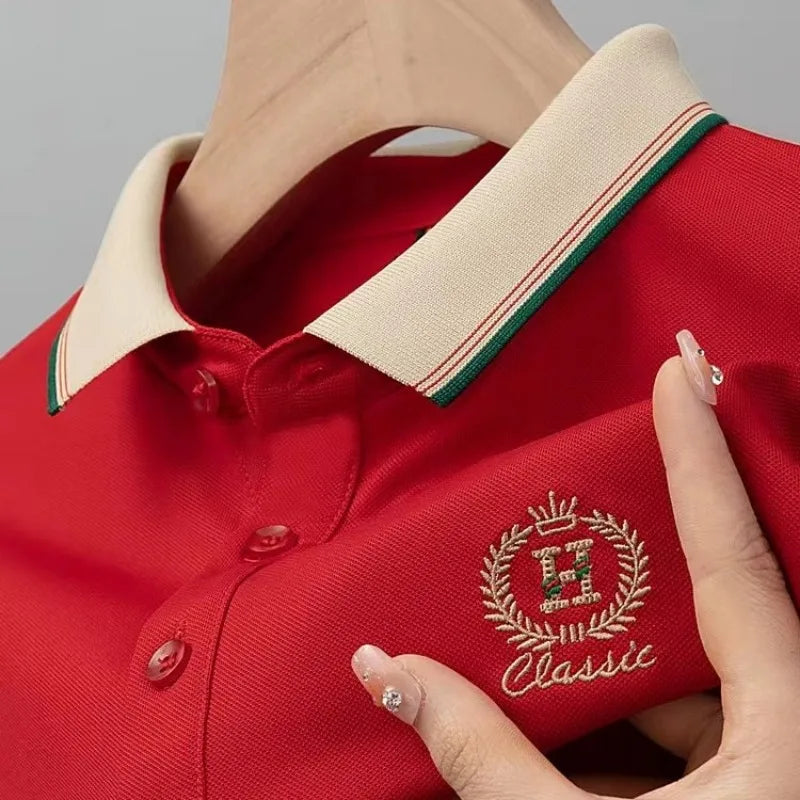 Weißes Poloshirt für Herren, bestickt, hochwertig, atmungsaktiv