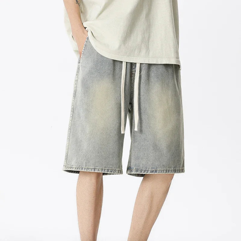 Thin Retro Casual Denim Shorts Soft Comfortable Stretchy Loose Drawstring