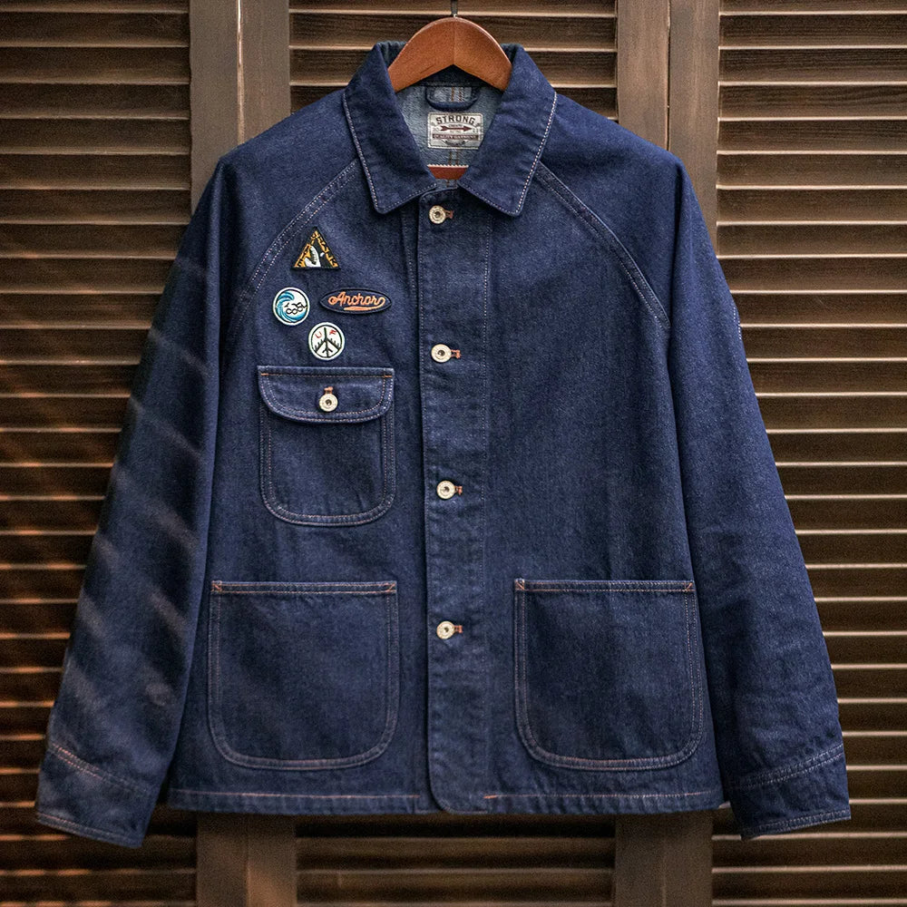 New Maden Vintage Embroidered Badge Heavyweight Denim Jacket