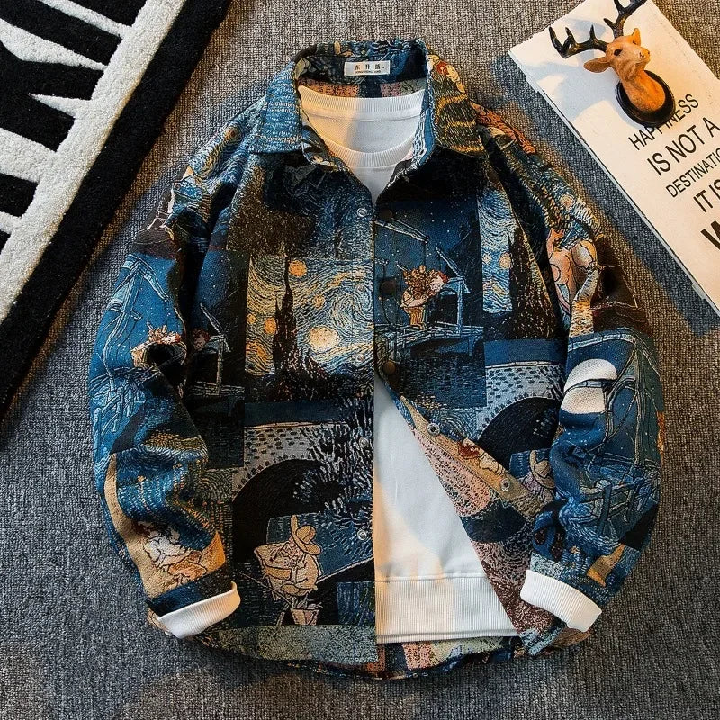 Men's Long-sleeved Vintage Retro Oil Painting Buttons Shirts