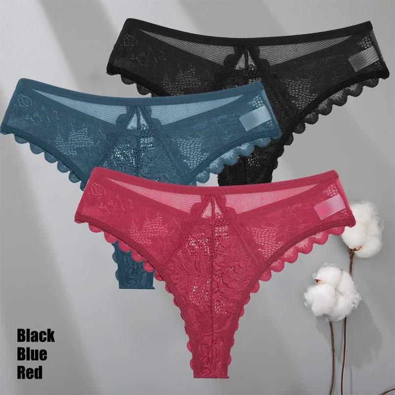3Pcs/Set Sexy Lace Thongs Women Solid G-String Panties