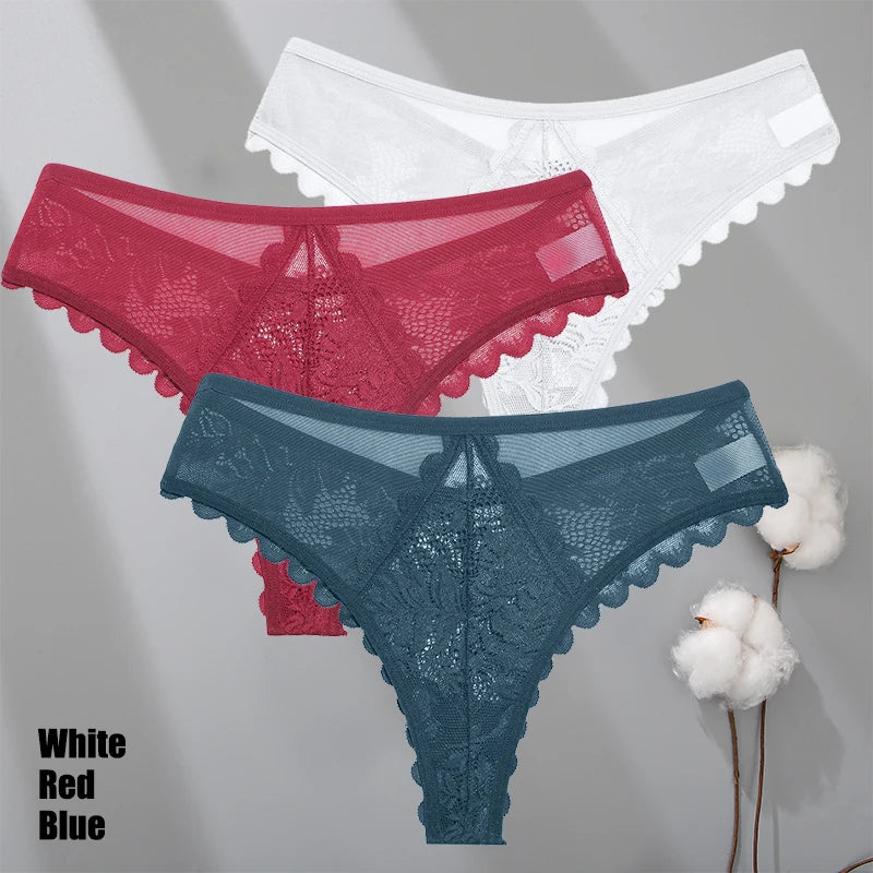 3Pcs/Set Sexy Lace Thongs Women Solid G-String Panties