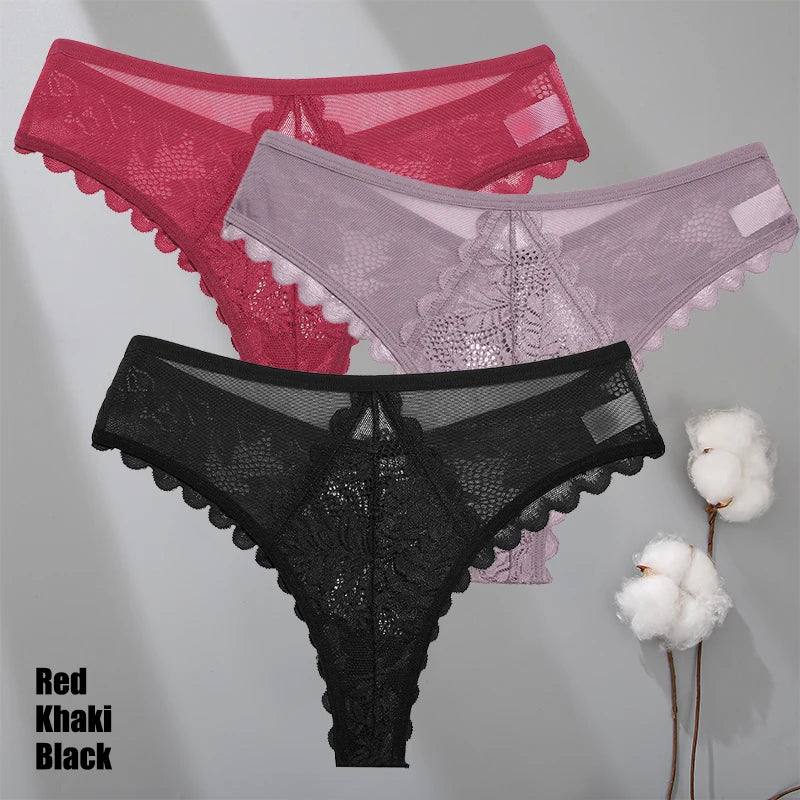 3Pcs/Set Sexy Lace Thongs Women Solid G-String Panties
