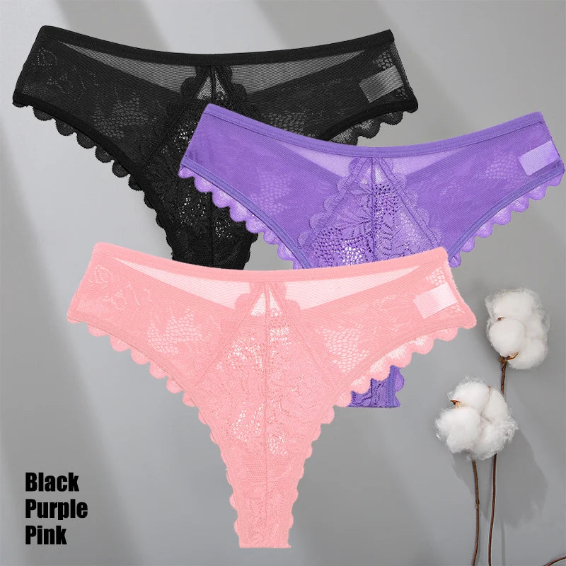 3Pcs/Set Sexy Lace Thongs Women Solid G-String Panties