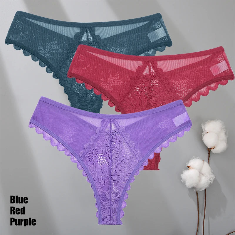 3Pcs/Set Sexy Lace Thongs Women Solid G-String Panties