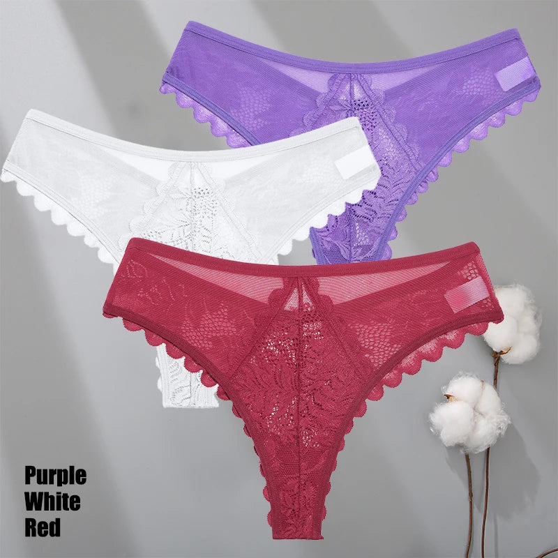 3Pcs/Set Sexy Lace Thongs Women Solid G-String Panties