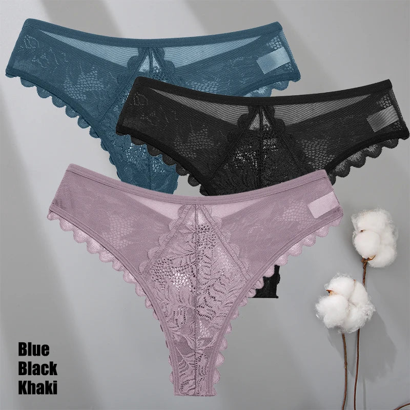 3Pcs/Set Sexy Lace Thongs Women Solid G-String Panties