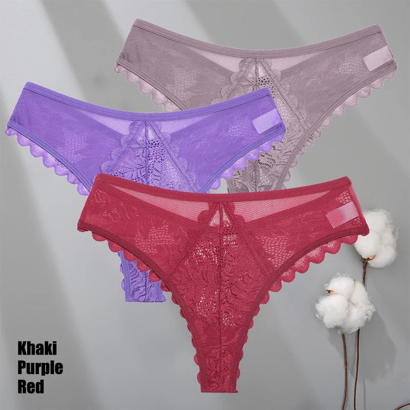 3Pcs/Set Sexy Lace Thongs Women Solid G-String Panties