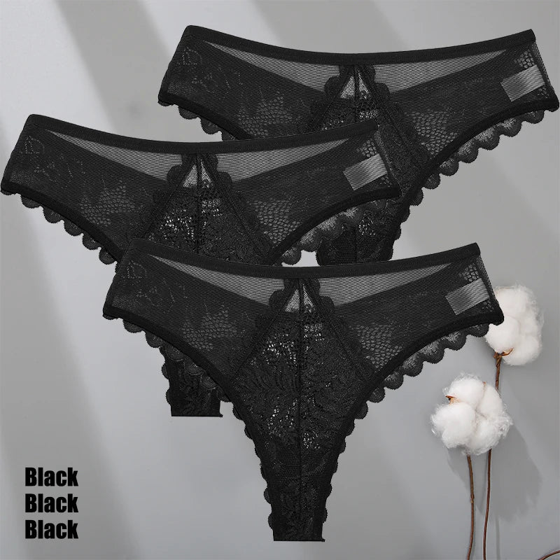 3Pcs/Set Sexy Lace Thongs Women Solid G-String Panties