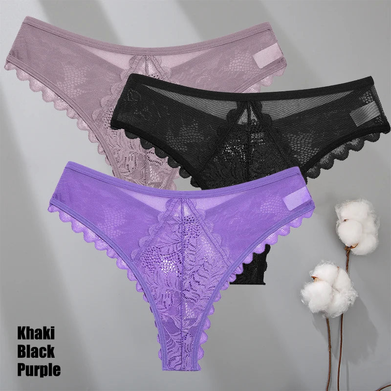 3Pcs/Set Sexy Lace Thongs Women Solid G-String Panties