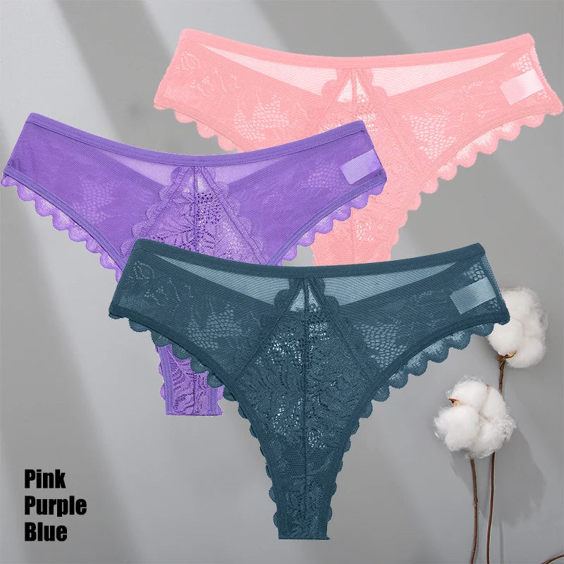 3Pcs/Set Sexy Lace Thongs Women Solid G-String Panties