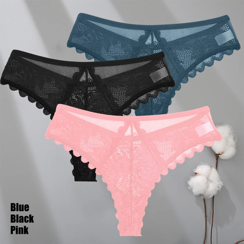 3Pcs/Set Sexy Lace Thongs Women Solid G-String Panties