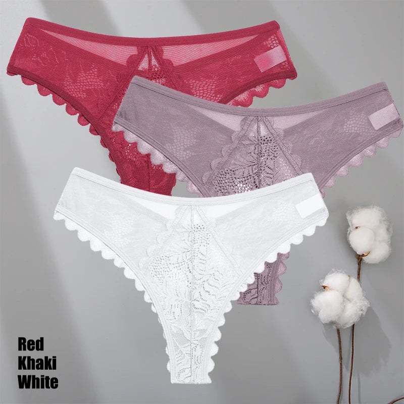 3Pcs/Set Sexy Lace Thongs Women Solid G-String Panties
