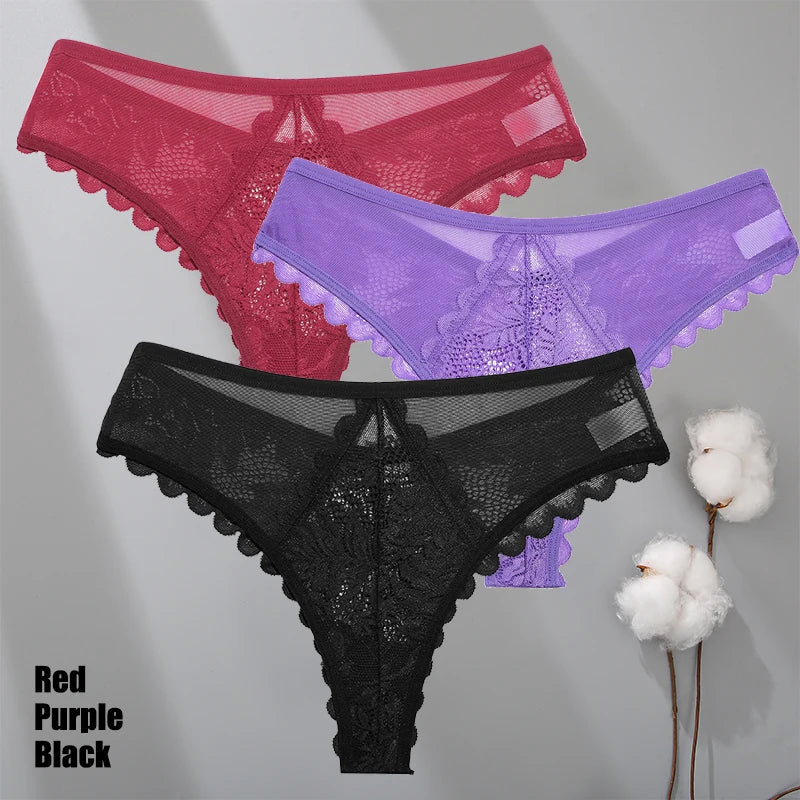 3Pcs/Set Sexy Lace Thongs Women Solid G-String Panties