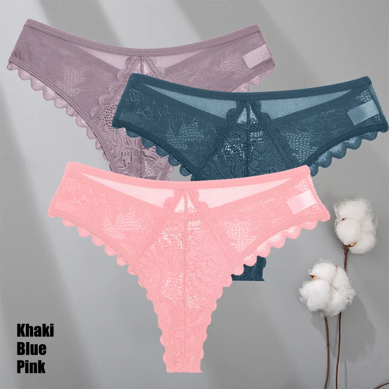 3Pcs/Set Sexy Lace Thongs Women Solid G-String Panties
