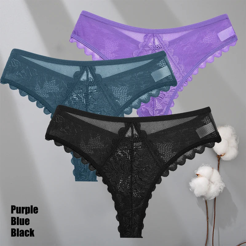 3Pcs/Set Sexy Lace Thongs Women Solid G-String Panties