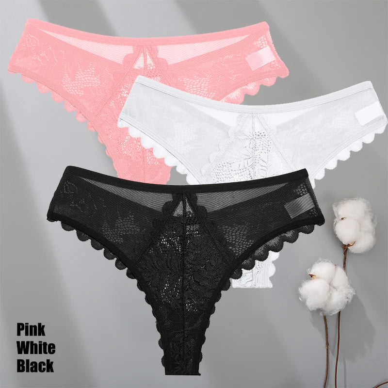 3Pcs/Set Sexy Lace Thongs Women Solid G-String Panties