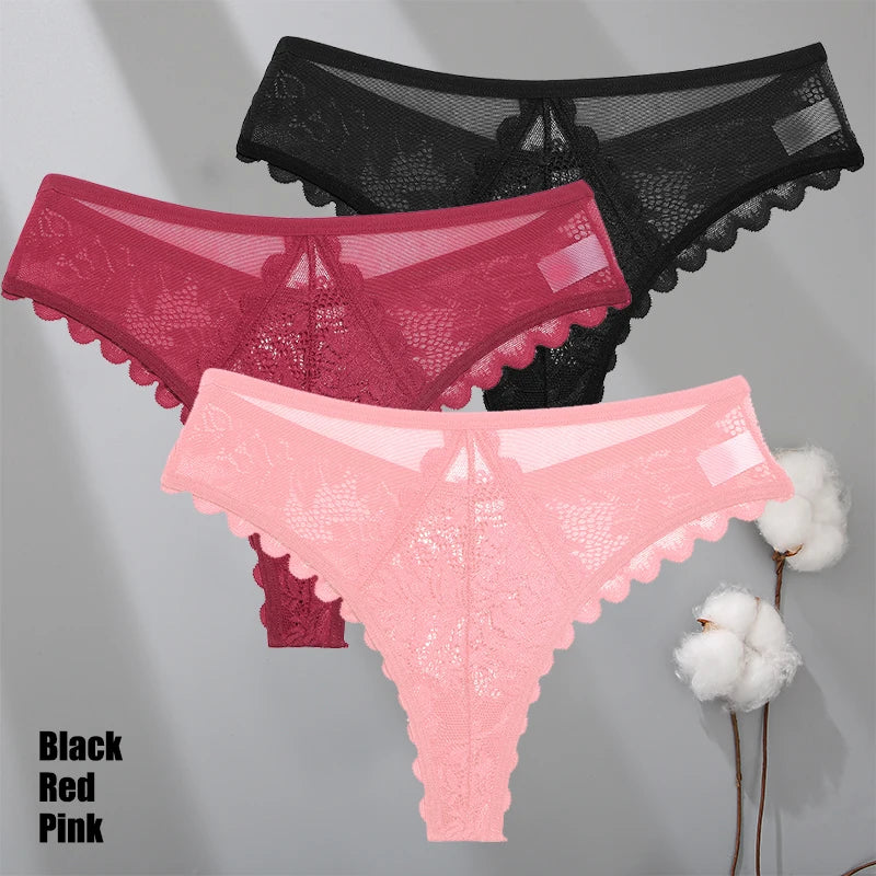 3Pcs/Set Sexy Lace Thongs Women Solid G-String Panties