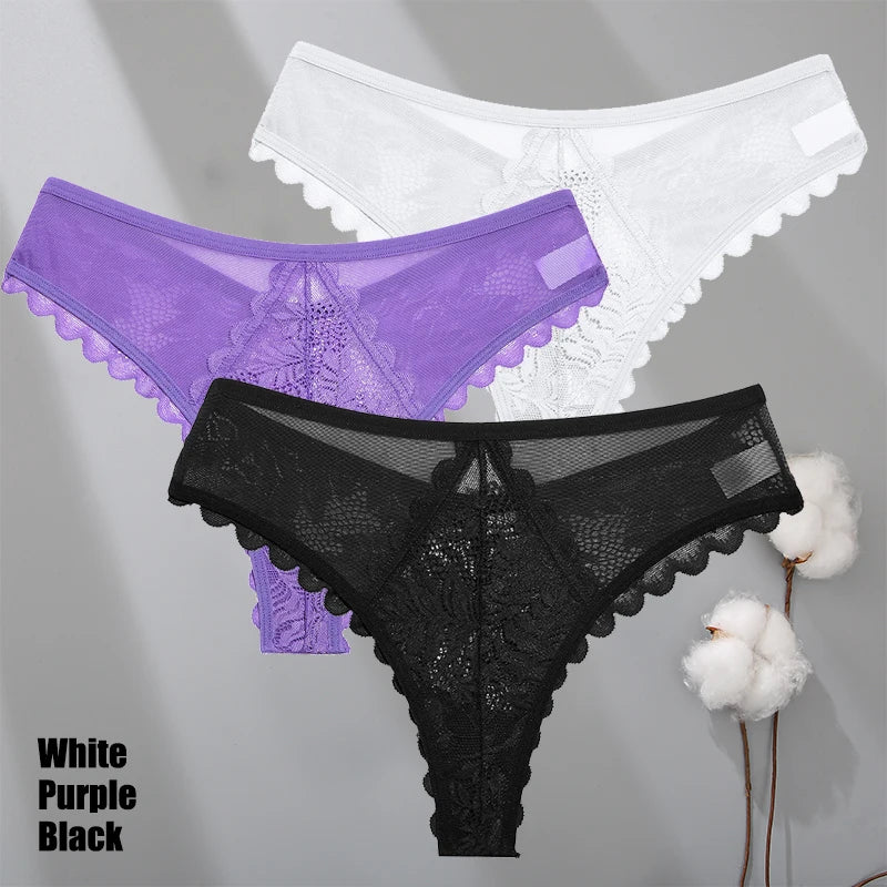 3Pcs/Set Sexy Lace Thongs Women Solid G-String Panties