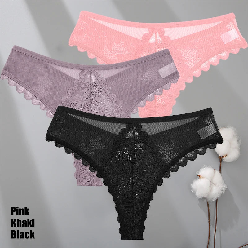 3Pcs/Set Sexy Lace Thongs Women Solid G-String Panties