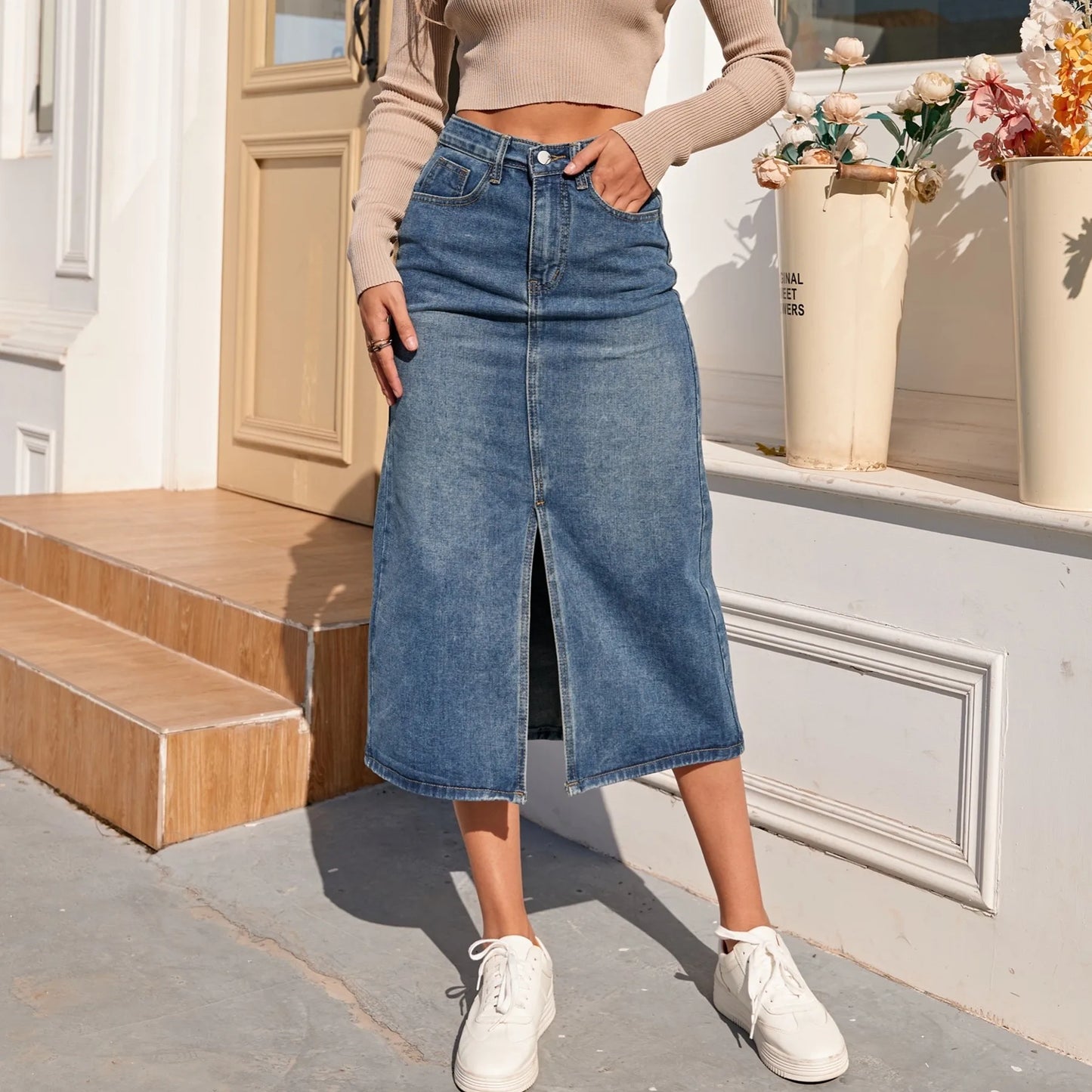 ZHISILAO New High Waist Straight Denim Skirt