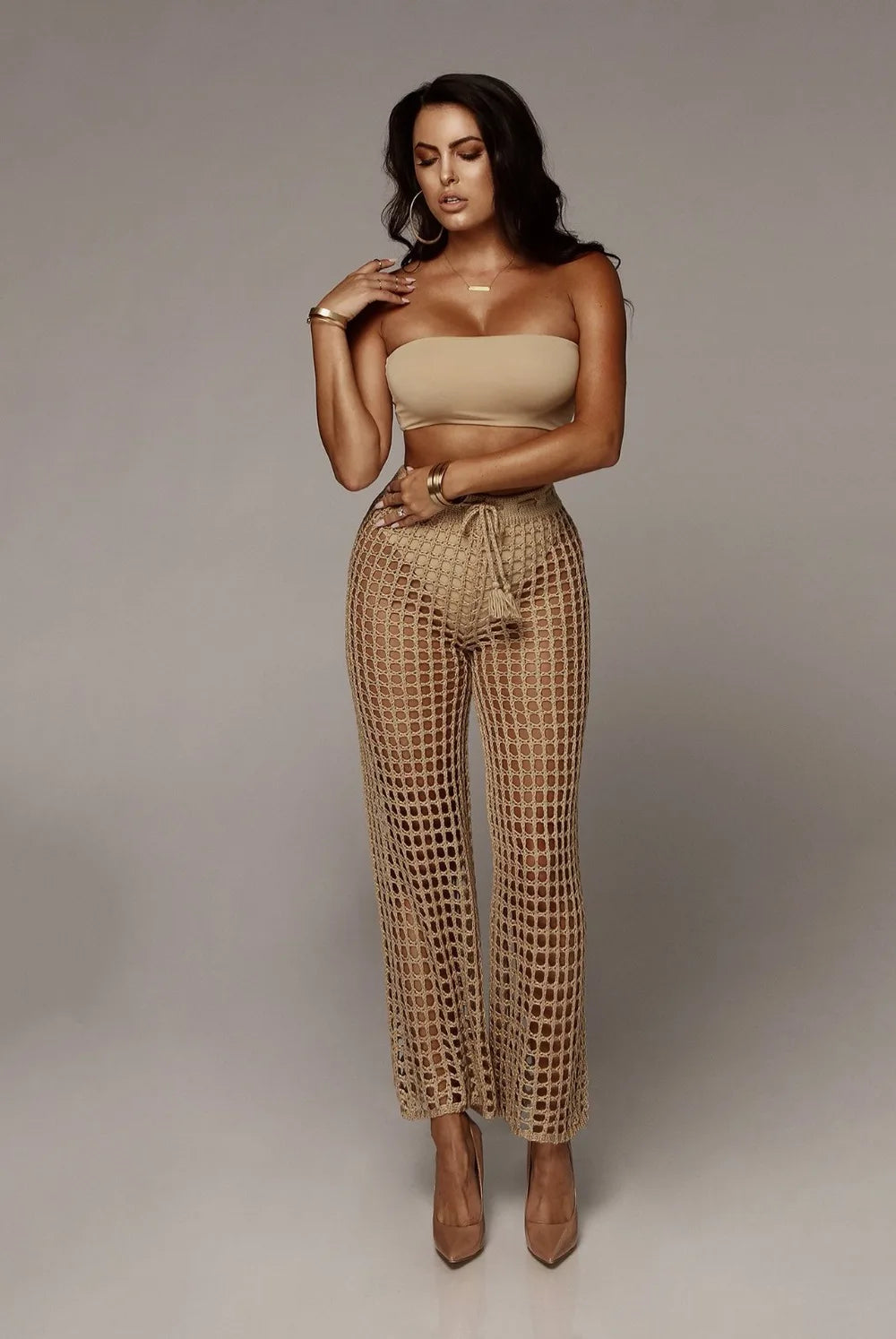 Durchsichtige Boho-Hose mit weitem Bein und hoher Taille für Damen