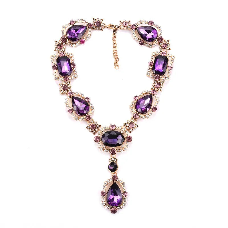 Women Purple Red Green Clear Big Glass Crystal Pendants Necklace