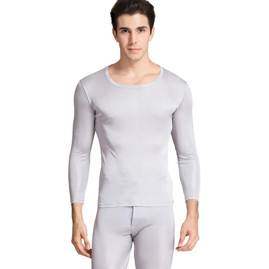 Men Long Johns Natural Silk Round neck Thermal Underwear
