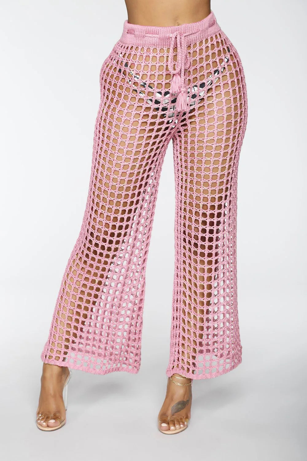 Durchsichtige Boho-Hose mit weitem Bein und hoher Taille für Damen