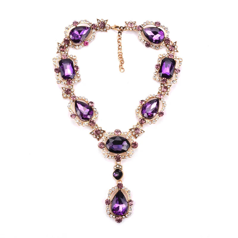 Women Purple Red Green Clear Big Glass Crystal Pendants Necklace