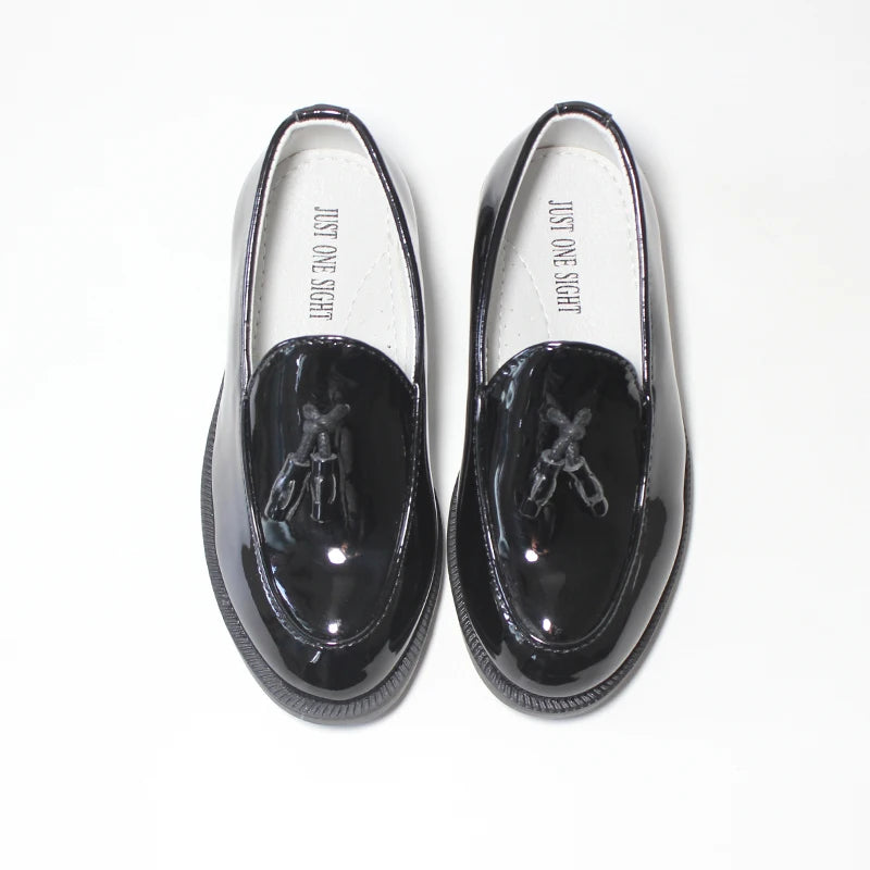 New Boys Black Faux Leather Slip On Tassel Loafers