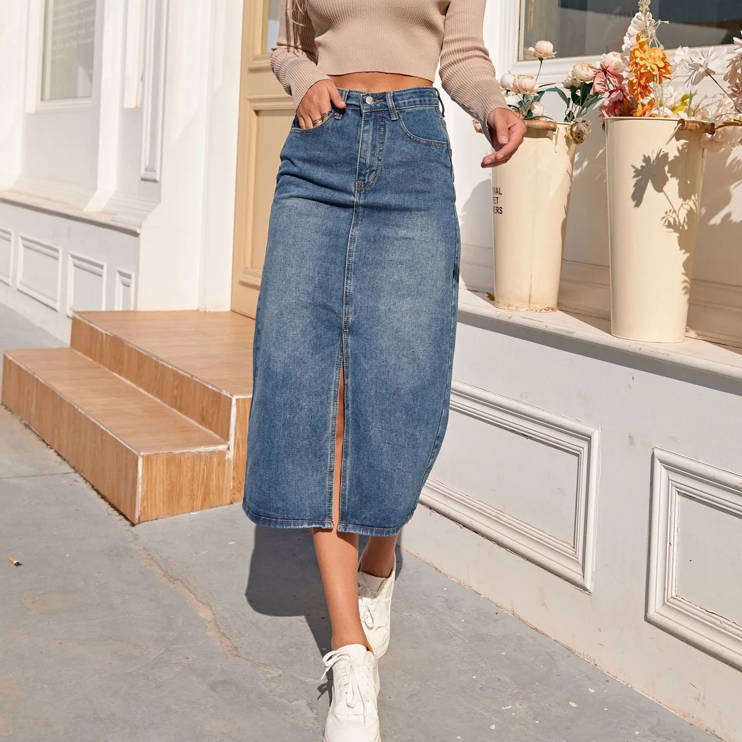 ZHISILAO New High Waist Straight Denim Skirt