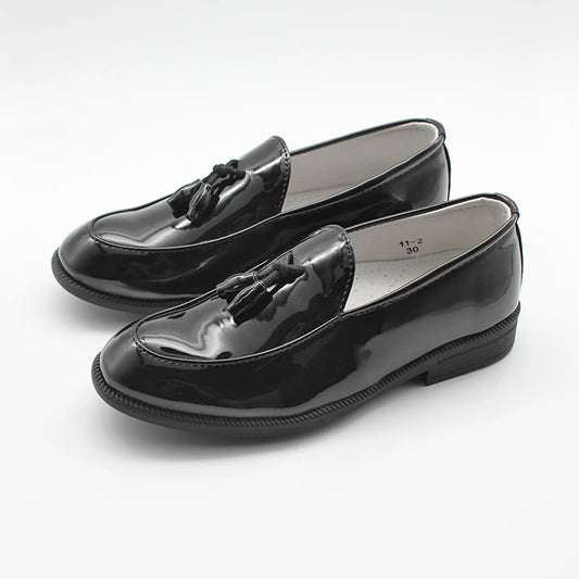 New Boys Black Faux Leather Slip On Tassel Loafers