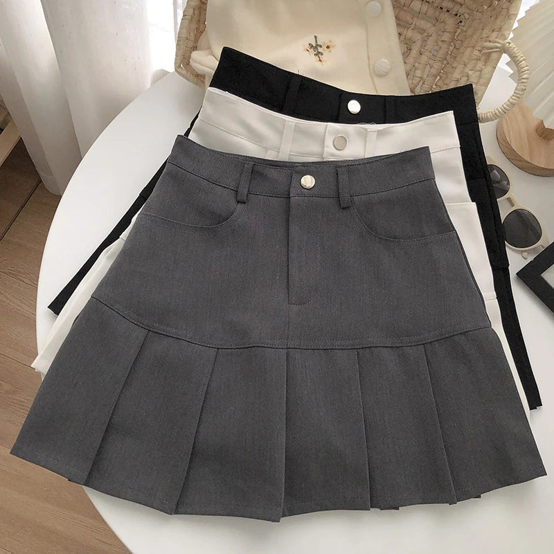 Vintage High Waist Pleated Skirt Women College Style with Safety Pants