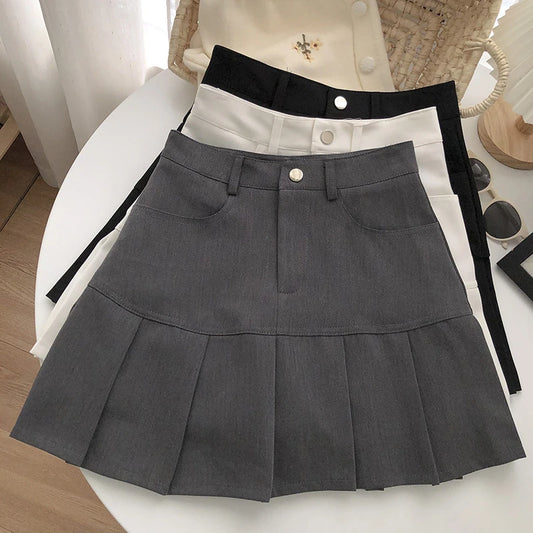 Vintage High Waist Pleated Skirt Women College Style with Safety Pants
