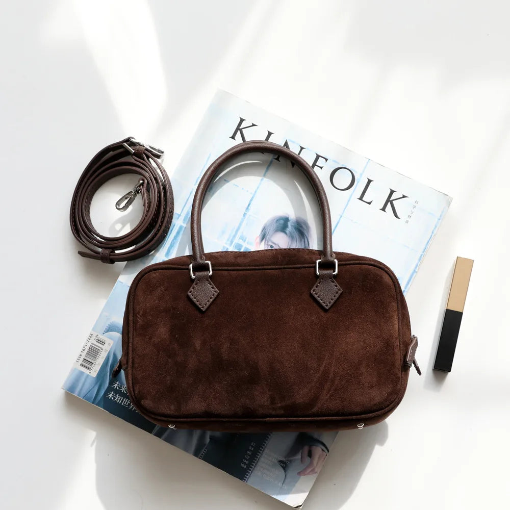 Zipper Open Matte Suede Cow Leather Women Handbag Office Lady Commuter Thin Shoulder Bag