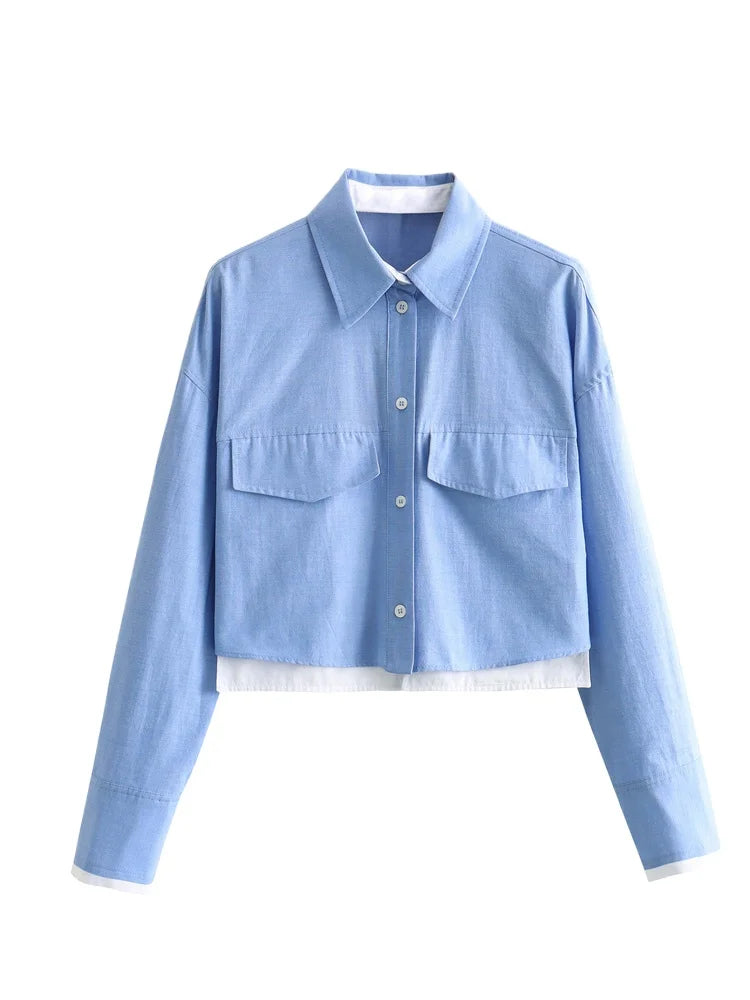 Women Fashion Crop Oxford Blouse Shirt