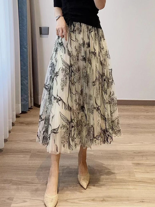 Damen Tüllrock mit Blumen- und Vogelmotiv
