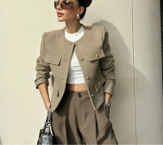 New  Fashion Solid Pockets O Neck Single Breasted Elegant Chic Short Jackets
